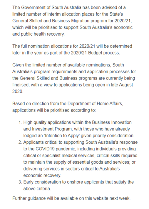 8月中旬南澳大利亚技术及商业移民将开始申请