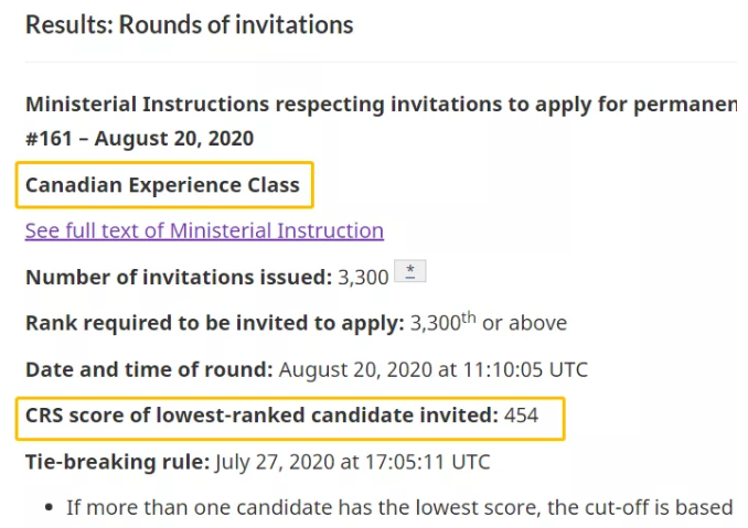 8月20日加拿大对工作经验CEC类别发出邀请，最低分454分