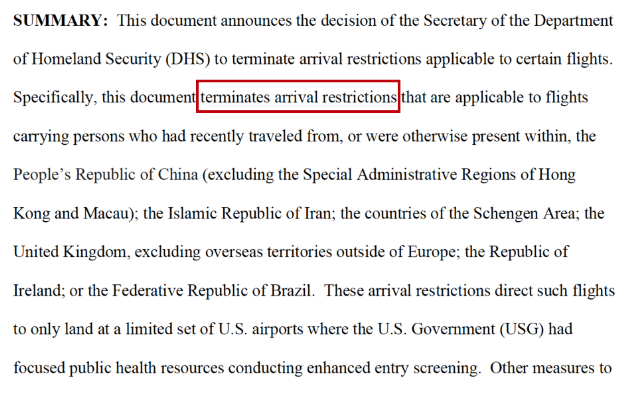 注意，美国入境限制措施取消不等同于旅行禁令取消！