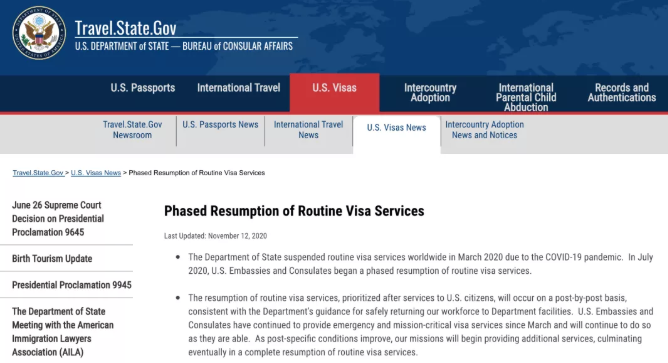 美分阶段恢复驻华使领馆常规签证服务