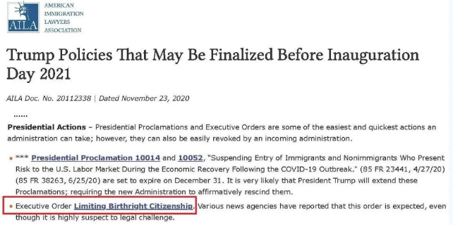 川普离任前或落实“取消出生公民权”政策